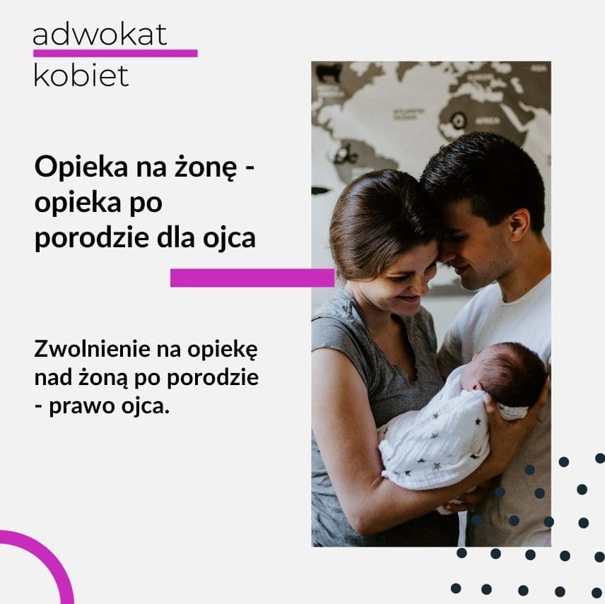 Tekst na grafice: Adwokat Kobiet. Opieka na żonę - opieka po porodzie dla ojca. Zwolnienie na opiekę nad żoną po porodzie - prawo ojca. Na zdjęciu kobieta, mężczyzna i dziecko.