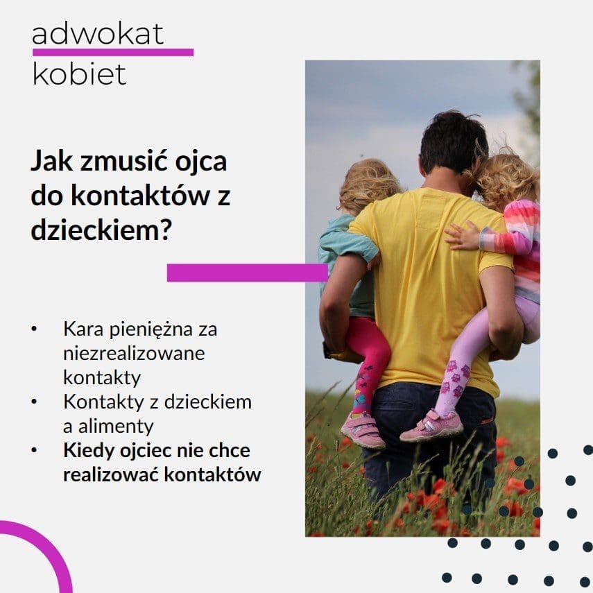 Grafika do artykułu: Jak zmusić ojca do kontaktów z dzieckiem? Tekst na grafice: Kara pieniężna za nierealizowane kontakty. Kontakty z dzieckiem a alimenty. Kiedy ojciec nie chce realizować kontaktów. Blog warszawskiej adwokat Aleksandry Wejdelek-Bziuk. Na zdjęciu:Mężczyzna z dwojka dzieci na rekach.